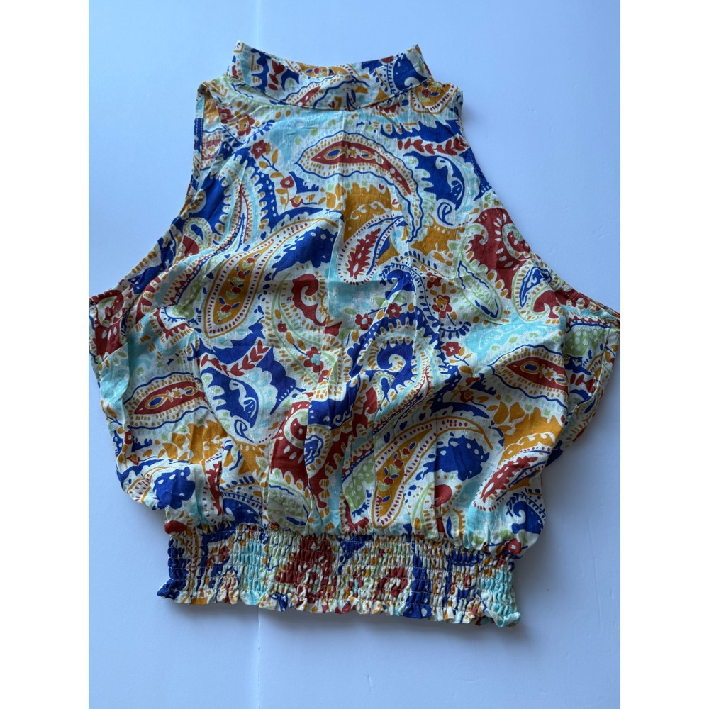 Rachel Rachel Roy Womens Paisley Halter Blouse Smocked Waist Blue Orange Large
